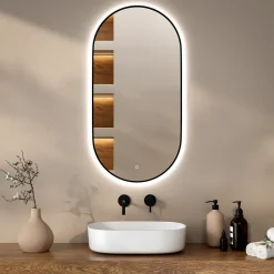 Miroir Grossissant Lumineux|Mirlux Miroir de salle de bain ovale chauffant et éclairé par LED 100x50cm avec cadre noir
