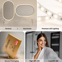 Miroir Grossissant Lumineux|Mirlux Miroir de salle de bain ovale chauffant et éclairé par LED 100x50cm avec cadre noir