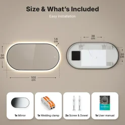 Miroir Grossissant Lumineux|Mirlux Miroir de salle de bain ovale chauffant et éclairé par LED 100x50cm avec cadre noir