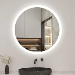 AICA Sanitaire Miroir de salle de bain rond led 60 cm, anti buée Lumière blanche froid 6000K tactile mural,