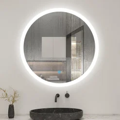 AICA Sanitaire Miroir de salle de bain rond led 60 cm, anti buée Lumière blanche froid 6000K tactile mural,