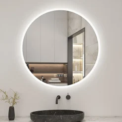Miroir Lumineux|AICA Sanitaire Miroir de salle de bain rond 60x60cm avec Horloge, LED, Tricolore, Anti-Buée,