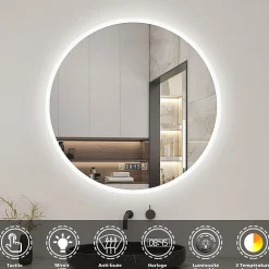 Miroir Lumineux|AICA Sanitaire Miroir de salle de bain rond 60x60cm avec Horloge, LED, Tricolore, Anti-Buée,
