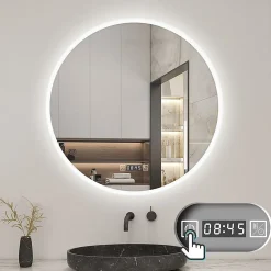 Miroir Lumineux|AICA Sanitaire Miroir de salle de bain rond 60x60cm avec Horloge, LED, Tricolore, Anti-Buée,