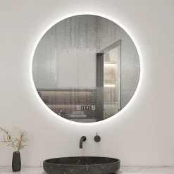 Miroir Lumineux|AICA Sanitaire Miroir de salle de bain rond 60x60cm avec Horloge, LED, Tricolore, Anti-Buée,