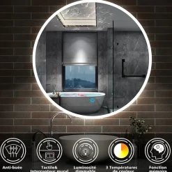 AICA Sanitaire Miroir de salle de bain rond 120x120cm LED tricolore anti-buée + mémoire + dimmable,