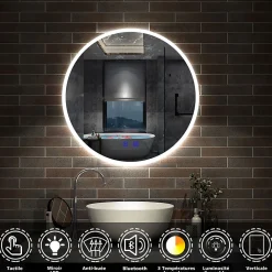 Miroir Lumineux|AICA Sanitaire Miroir de salle de bain rond Bluetooth 70cm tricolore + dimmable + mémoire + anti-buée, IP44 Miroir LED,
