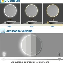 Miroir Lumineux|AICA Sanitaire Miroir de salle de bain rond Bluetooth 70cm tricolore + dimmable + mémoire + anti-buée, IP44 Miroir LED,
