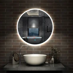 AICA Sanitaire Miroir de salle de bain rond LED 60cm, dimmable + mémoire, IP44,