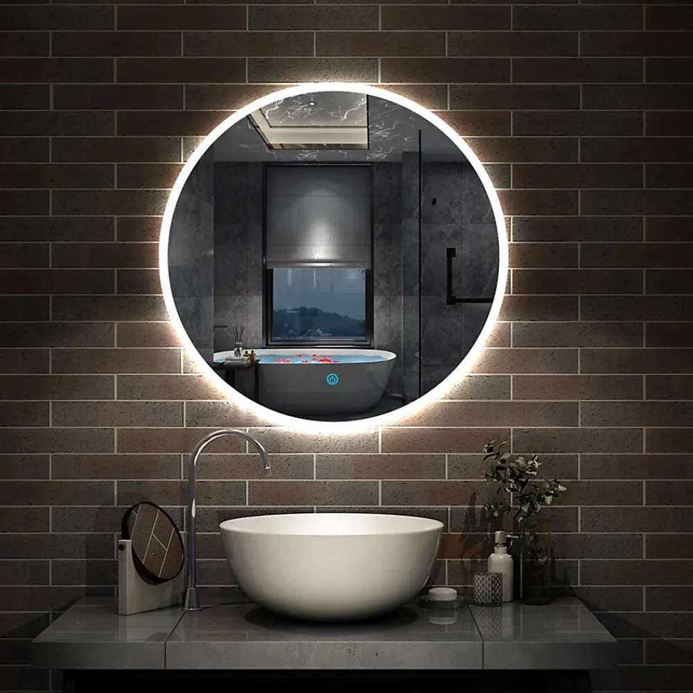 AICA Sanitaire Miroir de salle de bain rond LED 60cm, dimmable + mémoire, IP44,