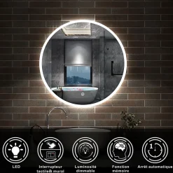 AICA Sanitaire Miroir de salle de bain rond LED 60cm, dimmable + mémoire, IP44,