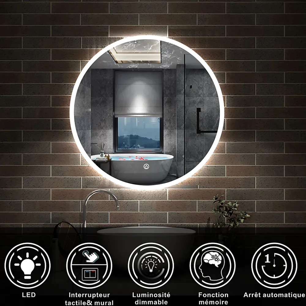 AICA Sanitaire Miroir de salle de bain rond LED 60cm, dimmable + mémoire, IP44,