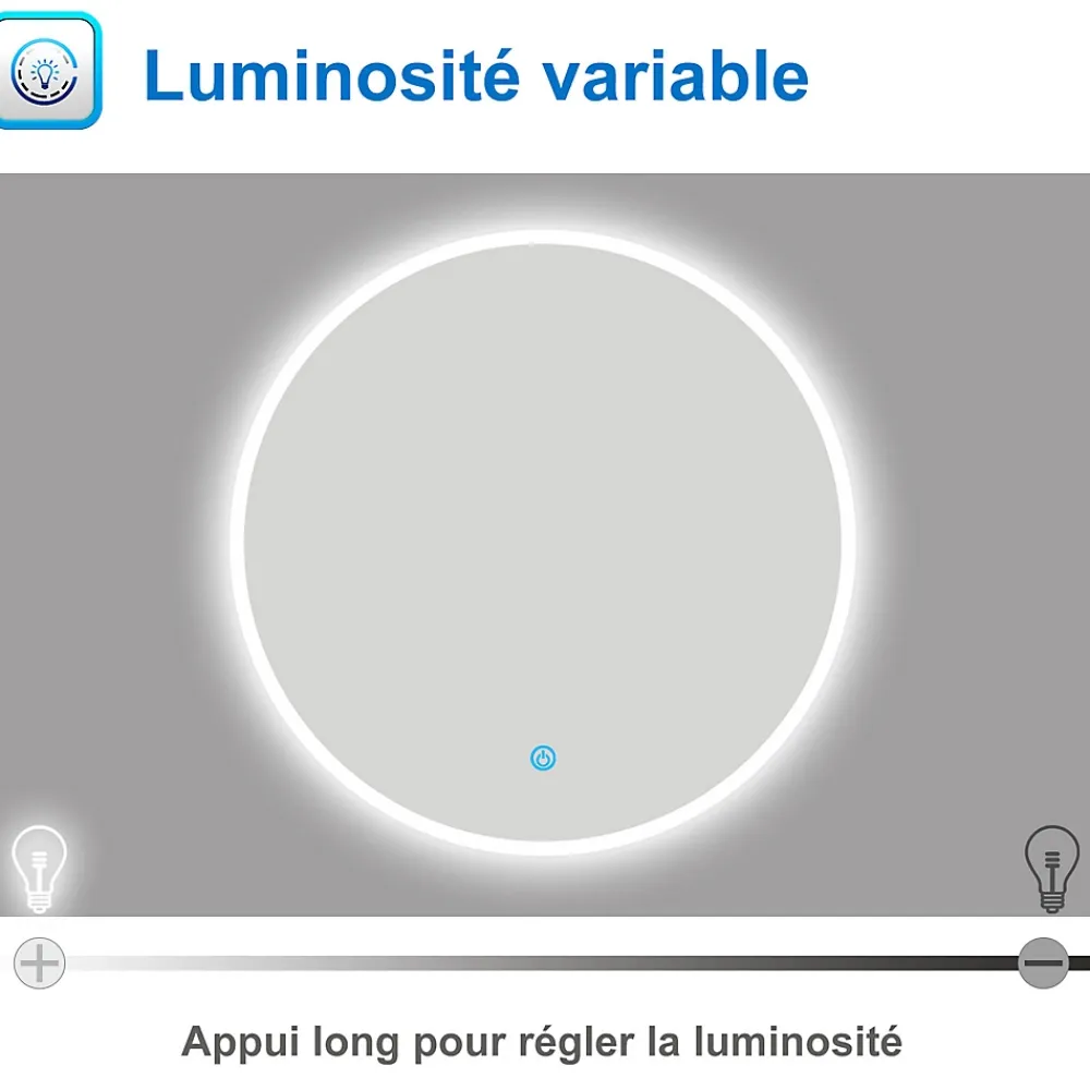 AICA Sanitaire Miroir de salle de bain rond LED 60cm, dimmable + mémoire, IP44,