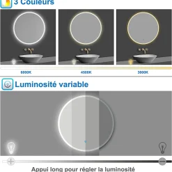 AICA Sanitaire Miroir de salle de bain rond 70x70cm LED tricolore anti-buée + mémoire + dimmable,
