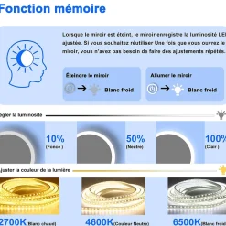 AICA Sanitaire Miroir de salle de bain rond 70x70cm LED tricolore anti-buée + mémoire + dimmable,