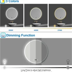 Miroir Lumineux|AICA Sanitaire Miroir de salle de bain rond 70x70cm avec Horloge, LED, Tricolore, Anti-Buée,