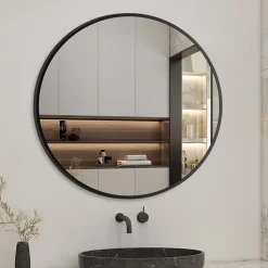 AICA Sanitaire Miroir de salle de bain rond 50cm noir mat encadré,