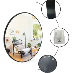 AICA Sanitaire Miroir de salle de bain rond 50cm noir mat encadré,