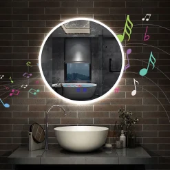 AICA Sanitaire Miroir de salle de bain rond Bluetooth 60cm tricolore + dimmable + mémoire + anti-buée, IP44 Miroir LED,