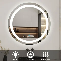 Miroir Lumineux|AICA Sanitaire Miroir de salle de bain rond led 60 cm, anti buée Lumière blanche froid 6000K tactile mural,
