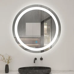 Miroir Lumineux|AICA Sanitaire Miroir de salle de bain rond led 60 cm, anti buée Lumière blanche froid 6000K tactile mural,