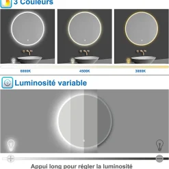 AICA Sanitaire Miroir de salle de bain rond 100x100cm LED tricolore anti-buée + mémoire + dimmable,