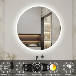 AICA Sanitaire Miroir de salle de bain rond 60x60cm LED tricolore anti-buée + mémoire + dimmable,