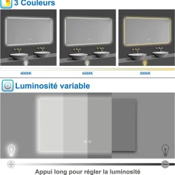Miroir Lumineux|AICA Sanitaire Miroir de salle de bain rétro-éclairé sans cadre 90x70cm, Tricolore + Anti-buée + Mémoire + Dimmable,
