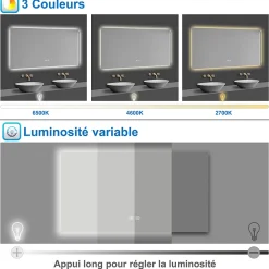 AICA Sanitaire Miroir de salle de bain rétro-éclairé sans cadre 80x60cm, Tricolore + Anti-buée + Mémoire + Dimmable,