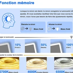 AICA Sanitaire Miroir de salle de bain rétro-éclairé sans cadre 80x60cm, Tricolore + Anti-buée + Mémoire + Dimmable,
