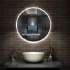 AICA Sanitaire Miroir de salle de bain rond 60x60cm avec Horloge, LED, Tricolore, Anti-Buée,