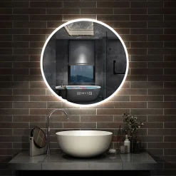 AICA Sanitaire Miroir de salle de bain rond 60x60cm avec Horloge, LED, Tricolore, Anti-Buée,