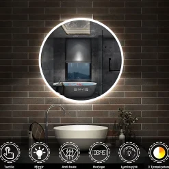 AICA Sanitaire Miroir de salle de bain rond 60x60cm avec Horloge, LED, Tricolore, Anti-Buée,