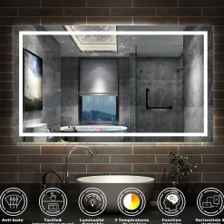 AICA Sanitaire Miroir de salle de bain 120x70cm Tri-color anti-buée LED avec mémoire et lumière gradation,