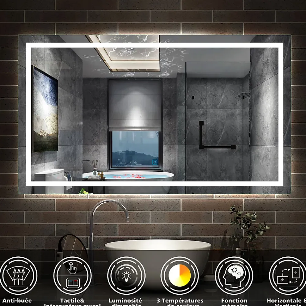 AICA Sanitaire Miroir de salle de bain 120x70cm Tri-color anti-buée LED avec mémoire et lumière gradation,