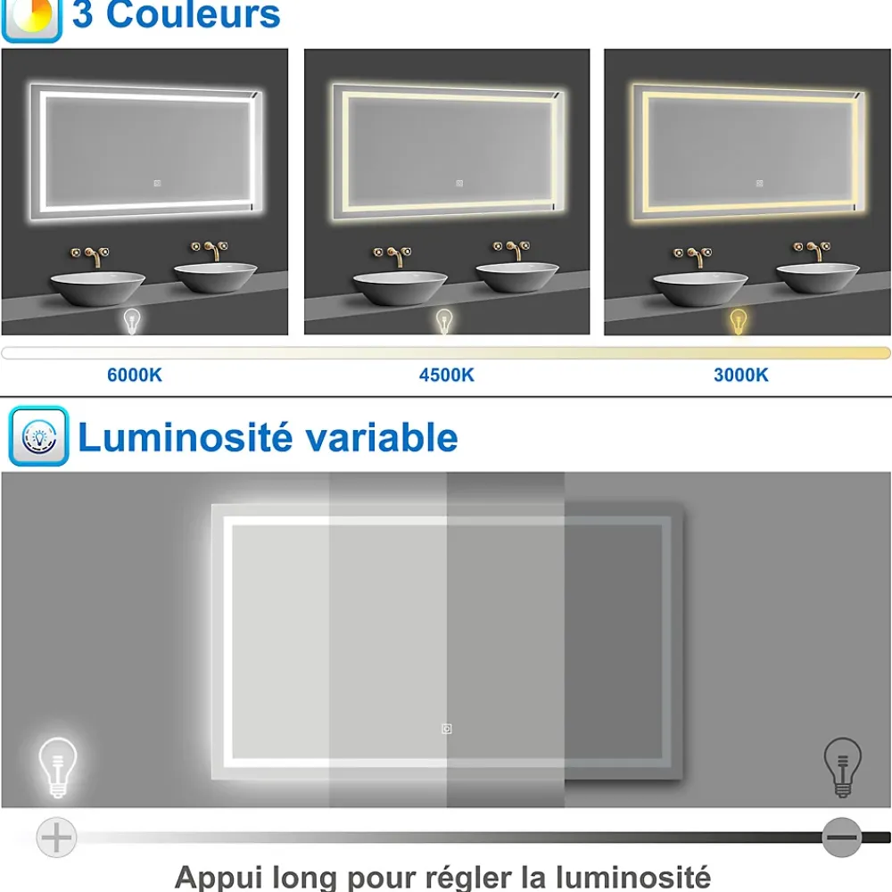 AICA Sanitaire Miroir de salle de bain 120x70cm Tri-color anti-buée LED avec mémoire et lumière gradation,