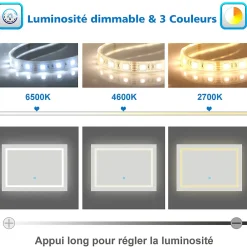 Miroir Lumineux|AICA Sanitaire Miroir de salle de bain 120x70cm Tri-color anti-buée LED avec mémoire et lumière gradation,