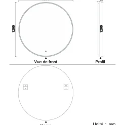 Miroir Lumineux|AICA Sanitaire Miroir de salle de bain 120x120cm LED Rond anti-buée et tactile de Salle de Bain monochrome,