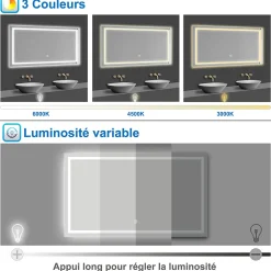 Miroir Lumineux|AICA Sanitaire Miroir de salle de bain 100x70cm Tri-color anti-buée LED avec mémoire et lumière gradation,