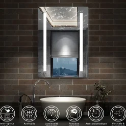 AICA Sanitaire Miroir de salle de bain 60x45cm avec gradation infinie, anti-buée et mémoire, miroir mural,
