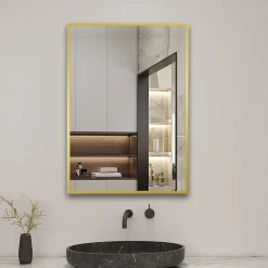 AICA Sanitaire Miroir de salle de bain 70x50cm Cadre carré miroir or mat suspendu, horizontalement et verticalement,