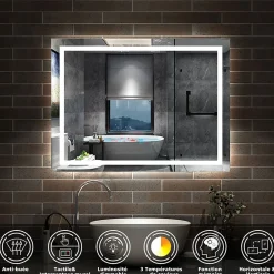 AICA Sanitaire Miroir de salle de bain 100x60cm Tri-color anti-buée LED avec mémoire et lumière gradation,