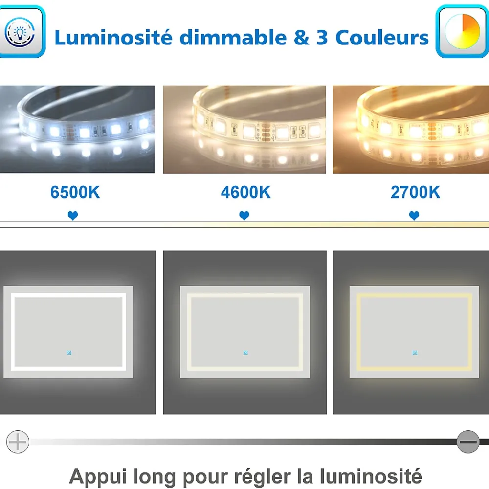 Miroir Lumineux|AICA Sanitaire Miroir de salle de bain 80x60cm Tri-color anti-buée LED avec mémoire et lumière gradation,