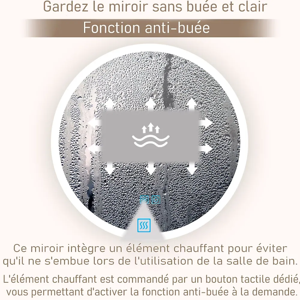 Mon Beau bain Miroir de salle de bains rond 80x80 cm - Anti-Buée , Mémoire, LED,Miroir lumineux de salle de bains