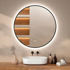 Miroir Lumineux|Mirlux Miroir de salle de bains lumineux LED rond 120cm, Cadre noir, Antibuée