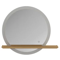Miroir Lumineux|GoodHome Miroir de salle de bains lumineux LED rond avec tablette bois, Avela