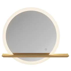 Miroir Lumineux|GoodHome Miroir de salle de bains lumineux LED rond avec tablette bois, Avela