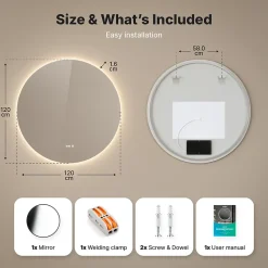 Mirlux Miroir de salle de bains lumineux LED rond 120cm, Sans Cadre, Antibuée