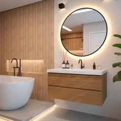 Mirlux Miroir de salle de bains lumineux LED rond 100 cm, noir mat, antibuée