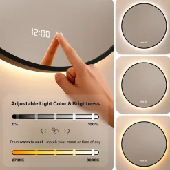 Mirlux Miroir de salle de bains lumineux LED rond 100 cm, noir mat, antibuée